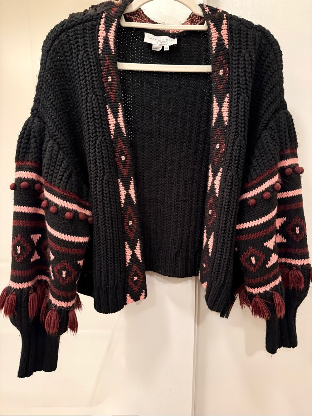 Sachin + Babi Black, Pink & Burgundy Patterned Open-Front Cardigan